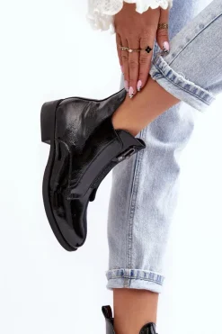 Outlet Lakierowane Botki Damskie Na Płaskim Obcasie Ocieplane Czarne S.Barski HY75-120 Czarne Damskie Czarne Botki|Botki Płaskie