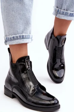 Outlet Lakierowane Botki Damskie Na Płaskim Obcasie Ocieplane Czarne S.Barski HY75-120 Czarne Damskie Czarne Botki|Botki Płaskie