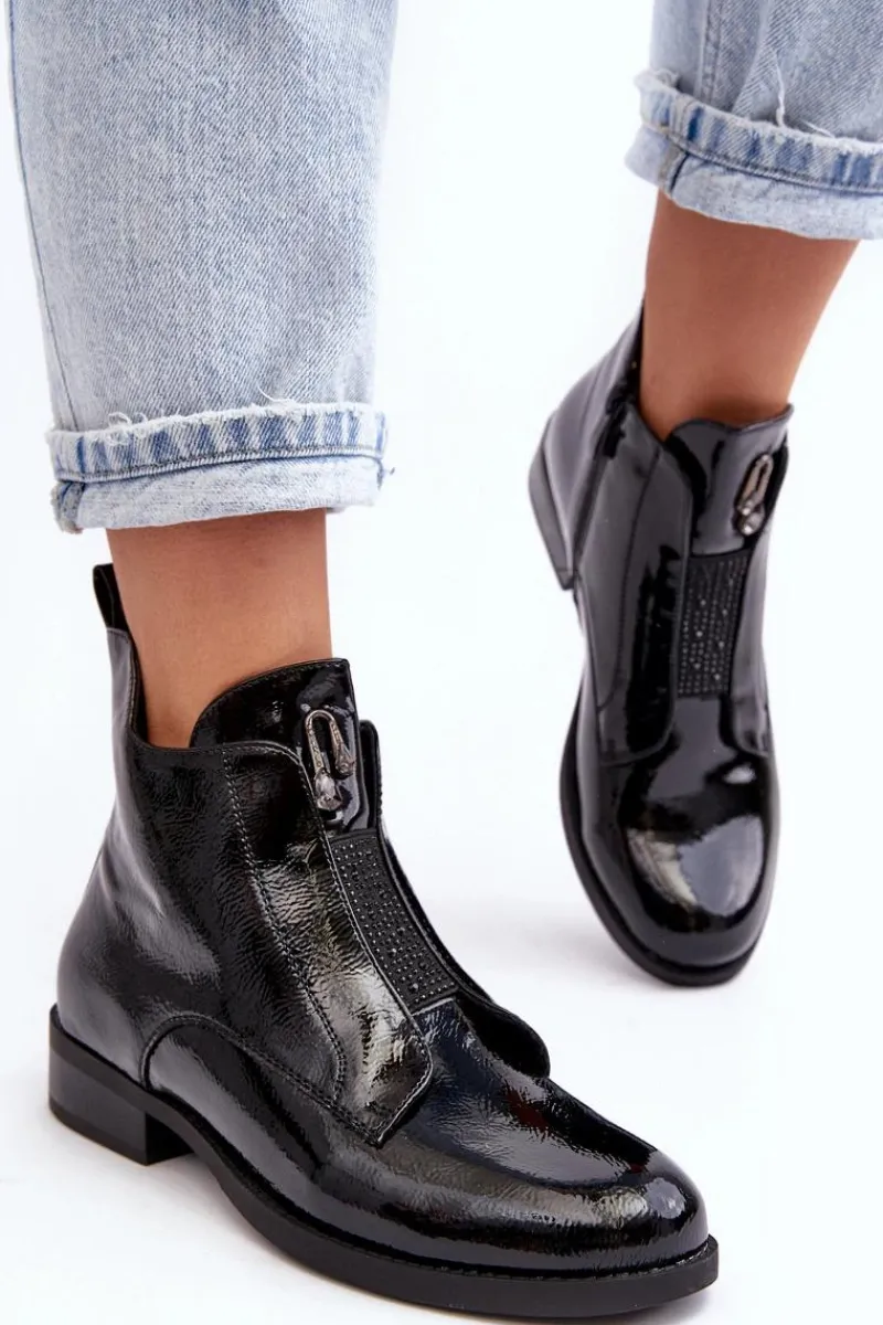 Outlet Lakierowane Botki Damskie Na Płaskim Obcasie Ocieplane Czarne S.Barski HY75-120 Czarne Damskie Czarne Botki|Botki Płaskie