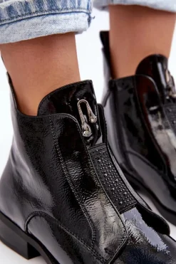 Outlet Lakierowane Botki Damskie Na Płaskim Obcasie Ocieplane Czarne S.Barski HY75-120 Czarne Damskie Czarne Botki|Botki Płaskie