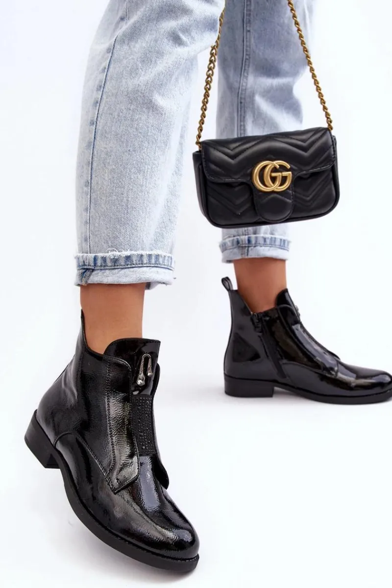 Outlet Lakierowane Botki Damskie Na Płaskim Obcasie Ocieplane Czarne S.Barski HY75-120 Czarne Damskie Czarne Botki|Botki Płaskie