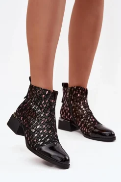 Clearance Lakierowane Botki Damskie Z Naturalnej Skóry Na Niskim Obcasie LZ52-960 Czarne Damskie Botki Ocieplane|Czarne Botki