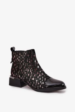 Clearance Lakierowane Botki Damskie Z Naturalnej Skóry Na Niskim Obcasie LZ52-960 Czarne Damskie Botki Ocieplane|Czarne Botki