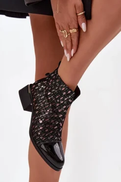 Clearance Lakierowane Botki Damskie Z Naturalnej Skóry Na Niskim Obcasie LZ52-960 Czarne Damskie Botki Ocieplane|Czarne Botki