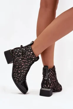 Clearance Lakierowane Botki Damskie Z Naturalnej Skóry Na Niskim Obcasie LZ52-960 Czarne Damskie Botki Ocieplane|Czarne Botki