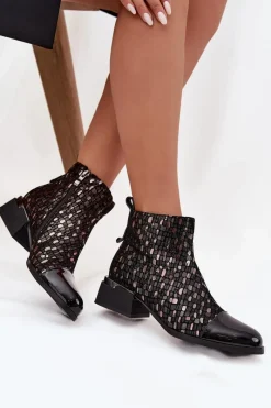 Clearance Lakierowane Botki Damskie Z Naturalnej Skóry Na Niskim Obcasie LZ52-960 Czarne Damskie Botki Ocieplane|Czarne Botki