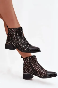 Clearance Lakierowane Botki Damskie Z Naturalnej Skóry Na Niskim Obcasie LZ52-960 Czarne Damskie Botki Ocieplane|Czarne Botki