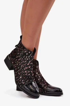 Clearance Lakierowane Botki Damskie Z Naturalnej Skóry Na Niskim Obcasie LZ52-960 Czarne Damskie Botki Ocieplane|Czarne Botki