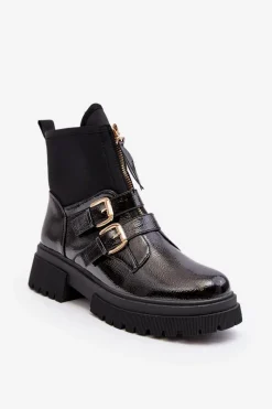 Outlet Boto Lakierowane Botki Damskie Na Płaskim Obcasie Czarne Rellisa