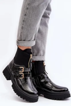 Outlet Boto Lakierowane Botki Damskie Na Płaskim Obcasie Czarne Rellisa