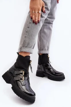 Outlet Boto Lakierowane Botki Damskie Na Płaskim Obcasie Czarne Rellisa