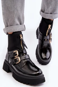 Outlet Boto Lakierowane Botki Damskie Na Płaskim Obcasie Czarne Rellisa