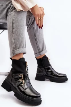 Outlet Boto Lakierowane Botki Damskie Na Płaskim Obcasie Czarne Rellisa