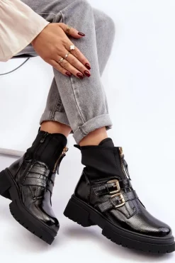 Outlet Boto Lakierowane Botki Damskie Na Płaskim Obcasie Czarne Rellisa