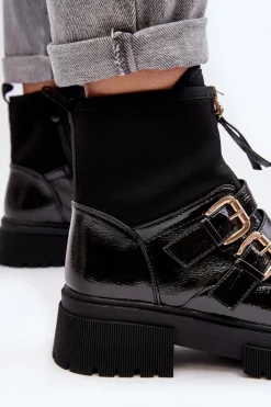 Outlet Boto Lakierowane Botki Damskie Na Płaskim Obcasie Czarne Rellisa