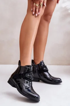 Outlet Damskie buty S.Barski Lakierowane Botki Damskie Z Ozdobą Ocieplane S.Barski HY42-021 Czarne