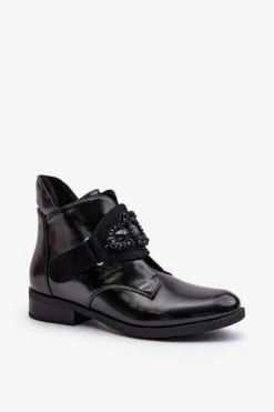 Outlet Damskie buty S.Barski Lakierowane Botki Damskie Z Ozdobą Ocieplane S.Barski HY42-021 Czarne