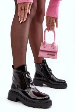 Czarne Botki|Botki Płaskie>Damskie buty S.Barski Lakierowane Botki Damskie Z Ozdobą Czarne S.Barski MR870-53