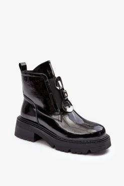 Czarne Botki|Botki Płaskie>Damskie buty S.Barski Lakierowane Botki Damskie Z Ozdobą Czarne S.Barski MR870-53