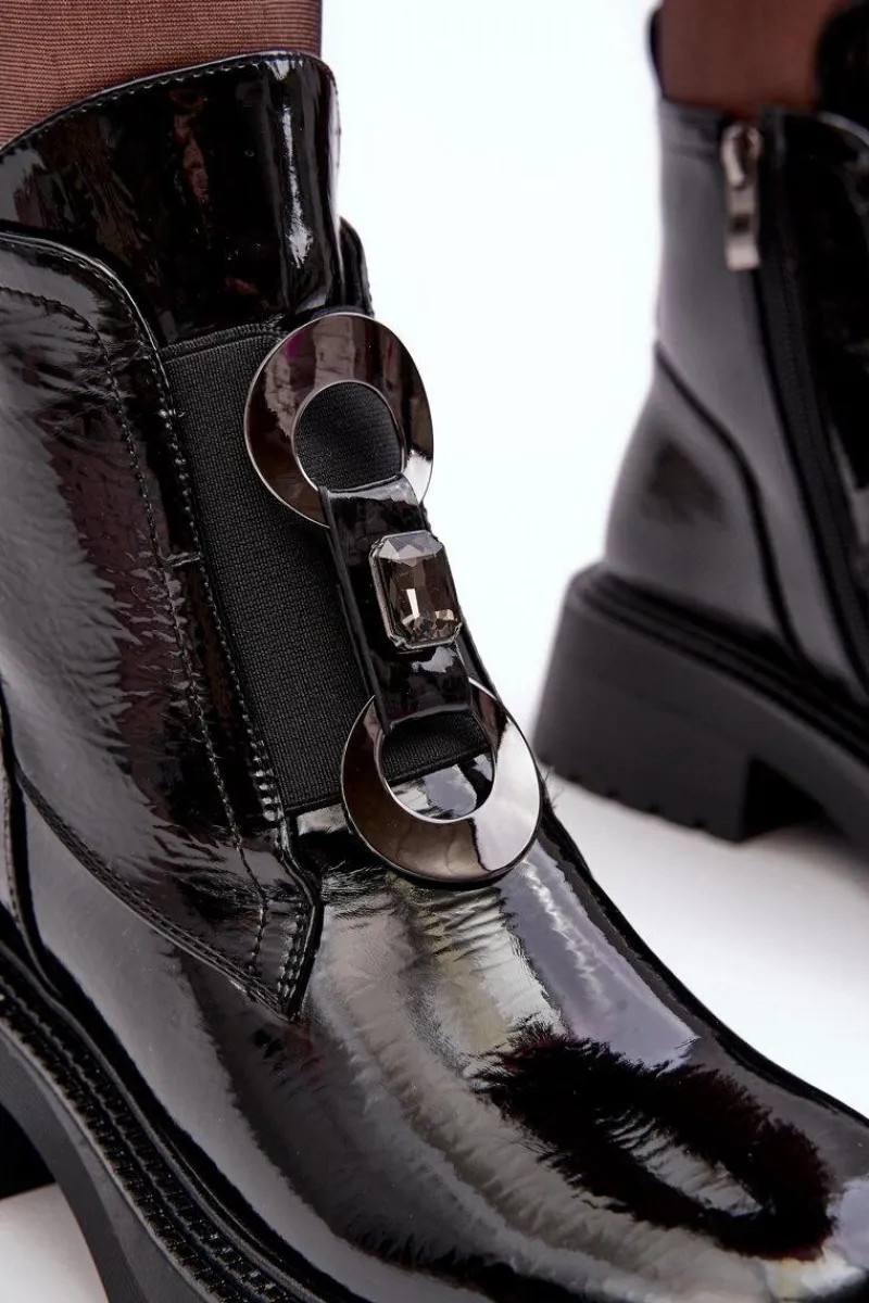 Czarne Botki|Botki Płaskie>Damskie buty S.Barski Lakierowane Botki Damskie Z Ozdobą Czarne S.Barski MR870-53