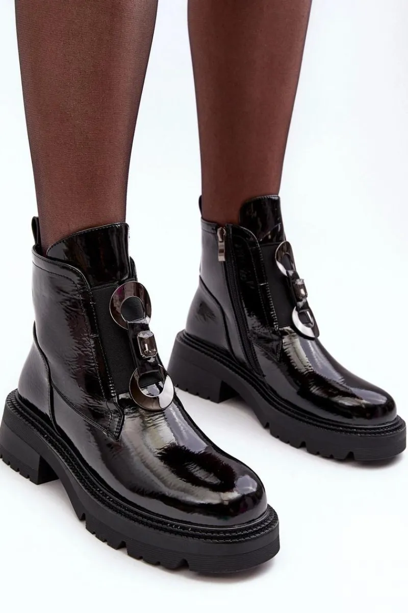 Czarne Botki|Botki Płaskie>Damskie buty S.Barski Lakierowane Botki Damskie Z Ozdobą Czarne S.Barski MR870-53