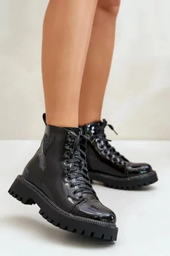 New Boto Lakierowane Botki Damskie Na Zamek Z Ozdobnym Sercem Czarne Obeena