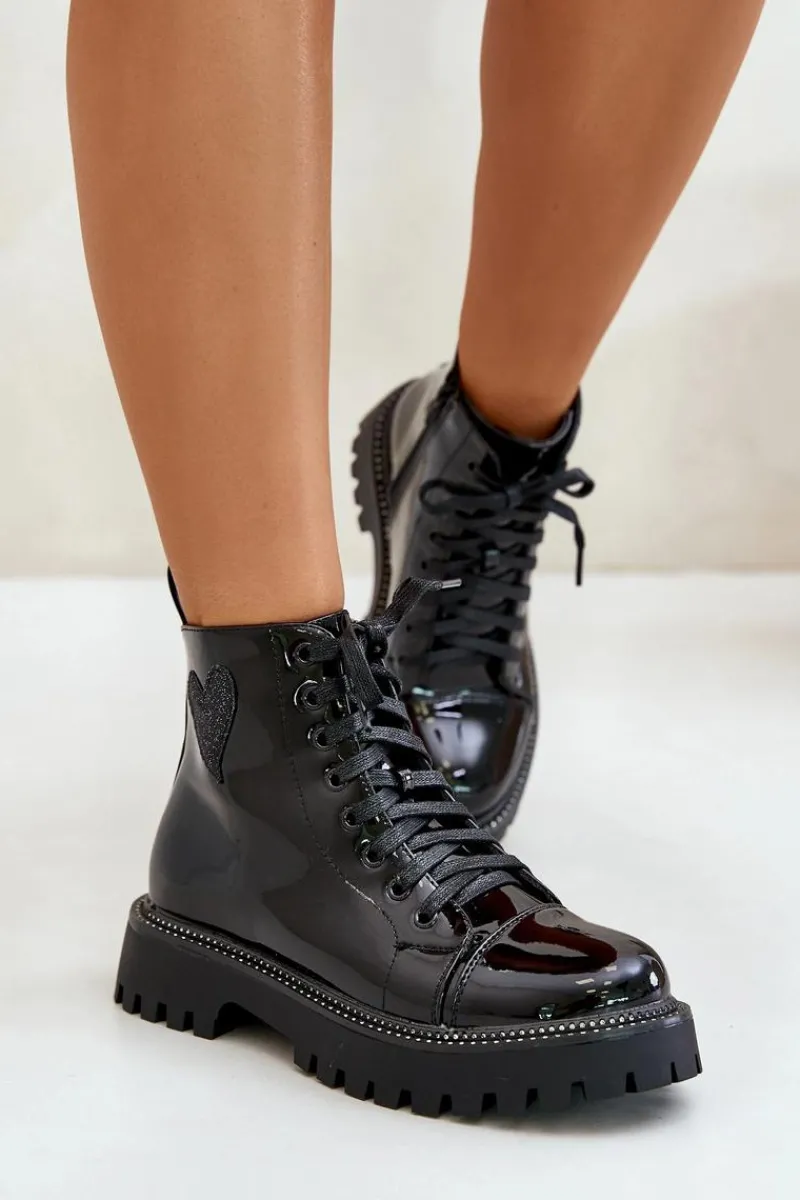 New Boto Lakierowane Botki Damskie Na Zamek Z Ozdobnym Sercem Czarne Obeena