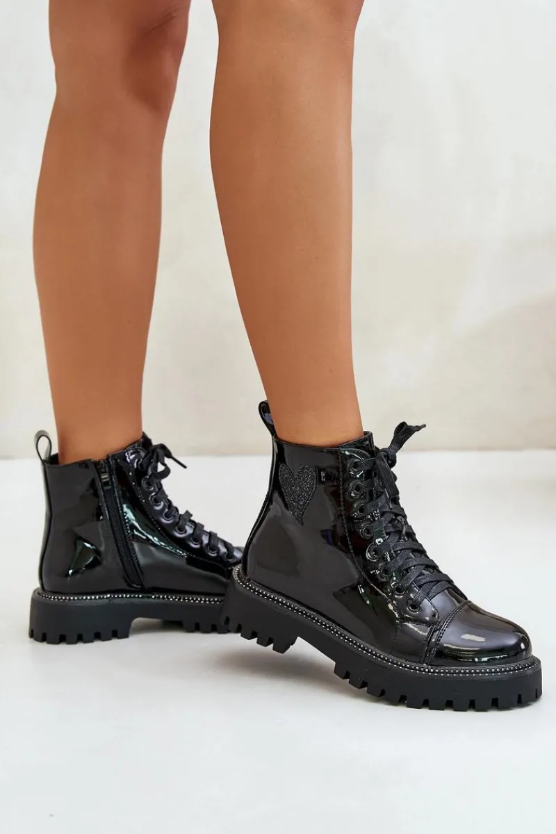 New Boto Lakierowane Botki Damskie Na Zamek Z Ozdobnym Sercem Czarne Obeena