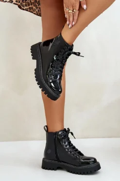 New Boto Lakierowane Botki Damskie Na Zamek Z Ozdobnym Sercem Czarne Obeena