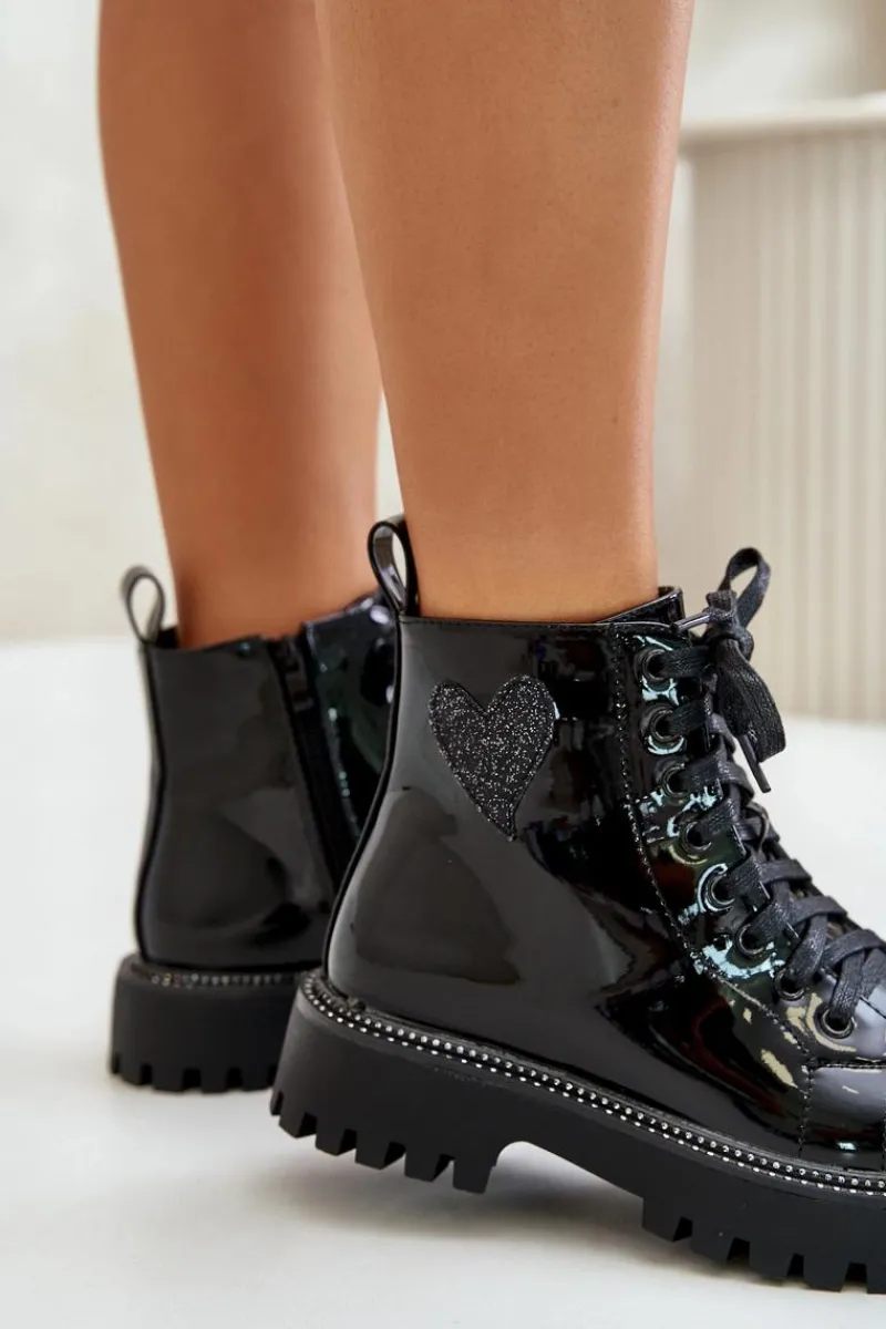 New Boto Lakierowane Botki Damskie Na Zamek Z Ozdobnym Sercem Czarne Obeena