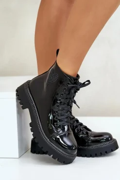 New Boto Lakierowane Botki Damskie Na Zamek Z Ozdobnym Sercem Czarne Obeena