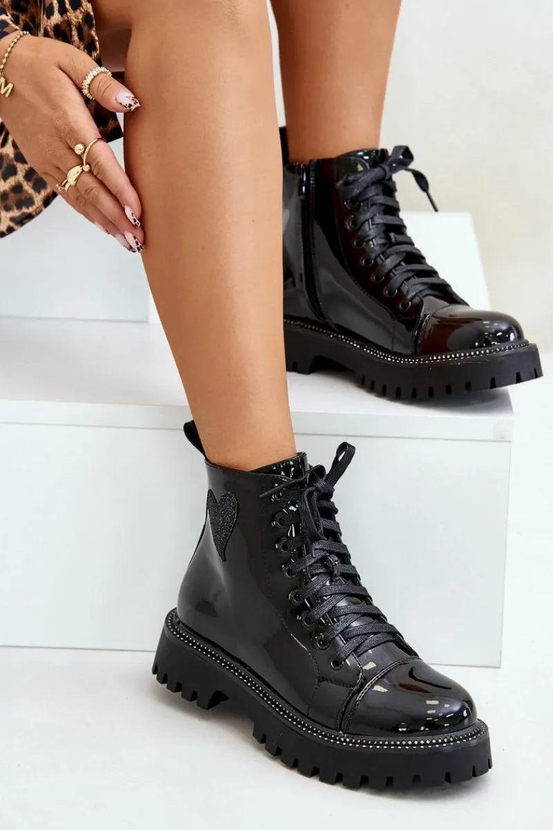 New Boto Lakierowane Botki Damskie Na Zamek Z Ozdobnym Sercem Czarne Obeena