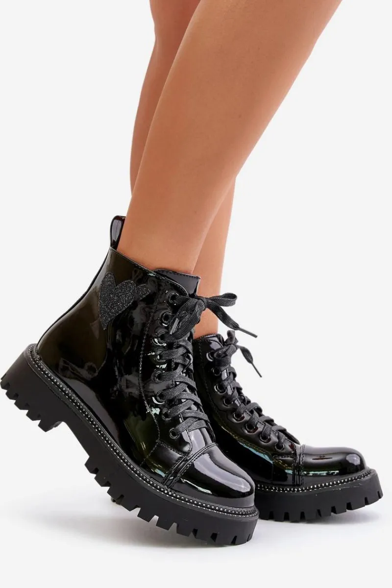 New Boto Lakierowane Botki Damskie Na Zamek Z Ozdobnym Sercem Czarne Obeena