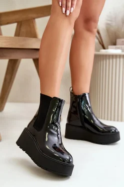 Discount Lakierowane Botki Damskie Na Platformie I Koturnie Ocieplane Czarne Wloedia Damskie Botki Ocieplane|Botki Na Koturnie