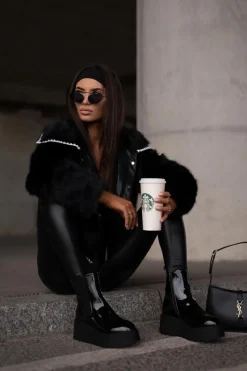 Discount Lakierowane Botki Damskie Na Platformie I Koturnie Ocieplane Czarne Wloedia Damskie Botki Ocieplane|Botki Na Koturnie