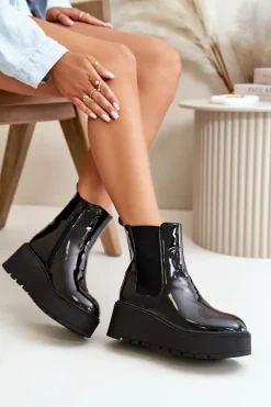 Discount Lakierowane Botki Damskie Na Platformie I Koturnie Ocieplane Czarne Wloedia Damskie Botki Ocieplane|Botki Na Koturnie