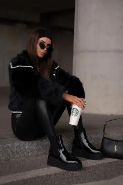 Discount Lakierowane Botki Damskie Na Platformie I Koturnie Ocieplane Czarne Wloedia Damskie Botki Ocieplane|Botki Na Koturnie