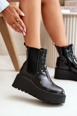 Discount Lakierowane Botki Damskie Na Platformie I Koturnie Ocieplane Czarne Wloedia Damskie Botki Ocieplane|Botki Na Koturnie