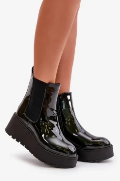 Discount Lakierowane Botki Damskie Na Platformie I Koturnie Ocieplane Czarne Wloedia Damskie Botki Ocieplane|Botki Na Koturnie