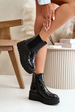 Discount Lakierowane Botki Damskie Na Platformie I Koturnie Ocieplane Czarne Wloedia Damskie Botki Ocieplane|Botki Na Koturnie