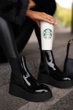 Discount Lakierowane Botki Damskie Na Platformie I Koturnie Ocieplane Czarne Wloedia Damskie Botki Ocieplane|Botki Na Koturnie