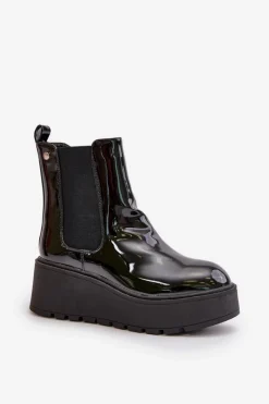 Discount Lakierowane Botki Damskie Na Platformie I Koturnie Ocieplane Czarne Wloedia Damskie Botki Ocieplane|Botki Na Koturnie