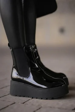 Discount Lakierowane Botki Damskie Na Platformie I Koturnie Ocieplane Czarne Wloedia Damskie Botki Ocieplane|Botki Na Koturnie