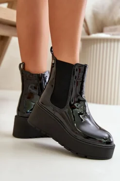 Discount Lakierowane Botki Damskie Na Platformie I Koturnie Ocieplane Czarne Wloedia Damskie Botki Ocieplane|Botki Na Koturnie