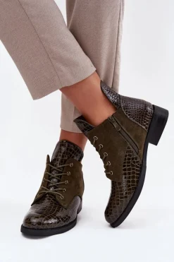 Outlet Buty damskie Vinceza Lakierowane Botki Damskie Z Ozdobnym Tłoczeniem Ocieplane Vinceza 16477 Ciemnozielone Zielony