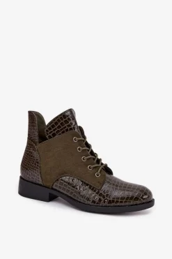 Outlet Buty damskie Vinceza Lakierowane Botki Damskie Z Ozdobnym Tłoczeniem Ocieplane Vinceza 16477 Ciemnozielone Zielony