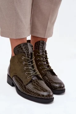 Outlet Buty damskie Vinceza Lakierowane Botki Damskie Z Ozdobnym Tłoczeniem Ocieplane Vinceza 16477 Ciemnozielone Zielony