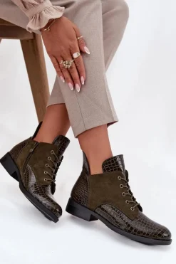 Outlet Buty damskie Vinceza Lakierowane Botki Damskie Z Ozdobnym Tłoczeniem Ocieplane Vinceza 16477 Ciemnozielone Zielony