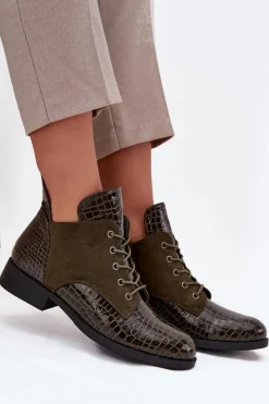 Outlet Buty damskie Vinceza Lakierowane Botki Damskie Z Ozdobnym Tłoczeniem Ocieplane Vinceza 16477 Ciemnozielone Zielony