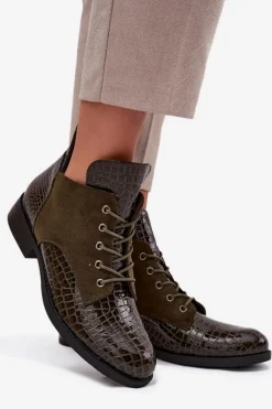 Outlet Buty damskie Vinceza Lakierowane Botki Damskie Z Ozdobnym Tłoczeniem Ocieplane Vinceza 16477 Ciemnozielone Zielony